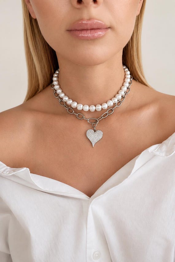 Transformer Pearl Necklace, Stainless Steel Chain, Heart Pendant, Versatile Jewelry