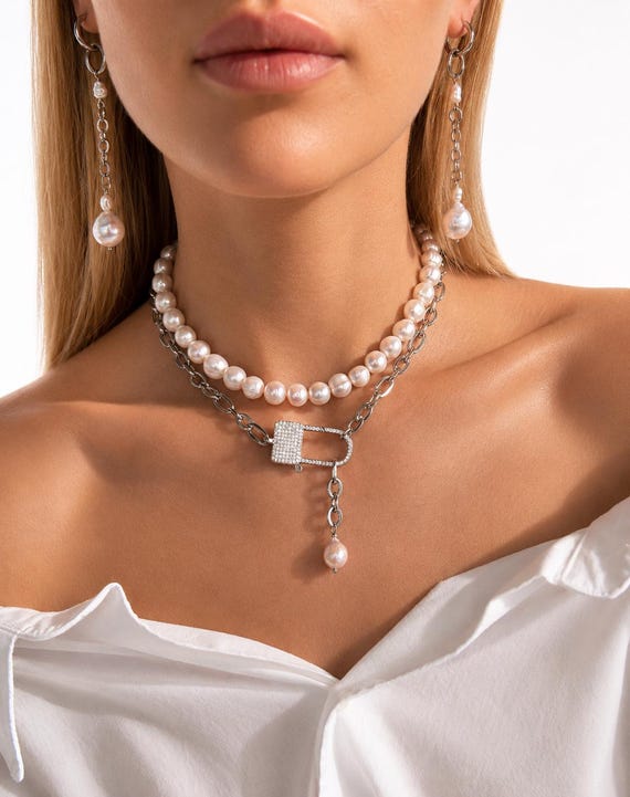 Handmade Pearl Chain Transformer Necklace, Adjustable Y Lariat, Modern Statement Jewelry
