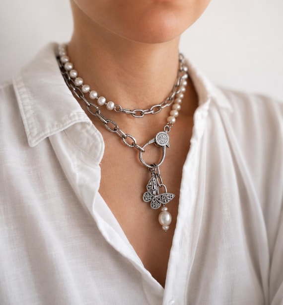 Freshwater Pearl Choker Necklace, Butterfly Lariat, Chain Layered Jewelry