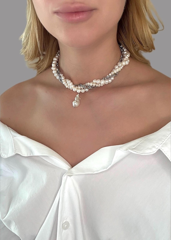 Handmade Pearl Choker – Multi-Way Necklace with Baroque Pearl Pendant, layered pearl choker ,modern statement pearl necklace ,luxury jewelry