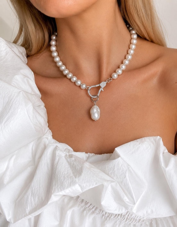 Freshwater Pearl Necklace, Baroque Pearl Necklace ,925 Sterling Silver, Charms Elegant, Boho Choker, Pearl Pendant, Brides Gifts