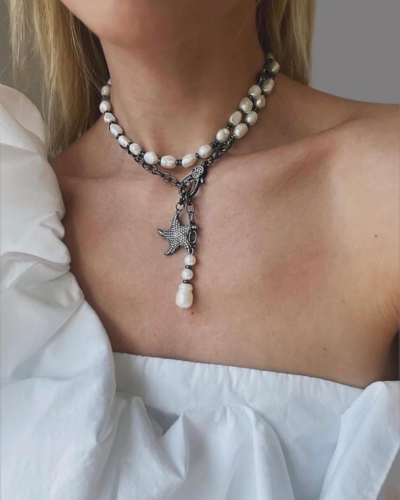 Pearl beaded necklace, statement necklace, black gun chain, alt unique necklace, alt pearl choker,alt large pearl necklace, Layered Necklace