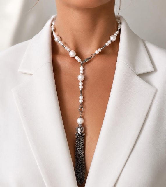 Pearl Tassel Necklace, Stainless Steel Chain, Bohemian Jewelry