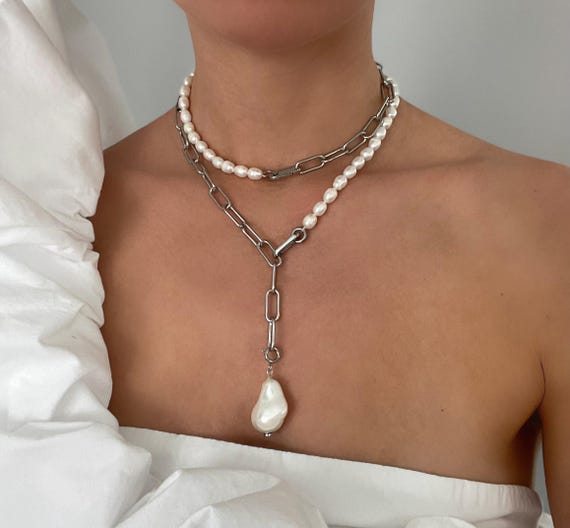 Convertible Pearl Necklace, Stainless Steel Chain, Modern Statement Jewelry