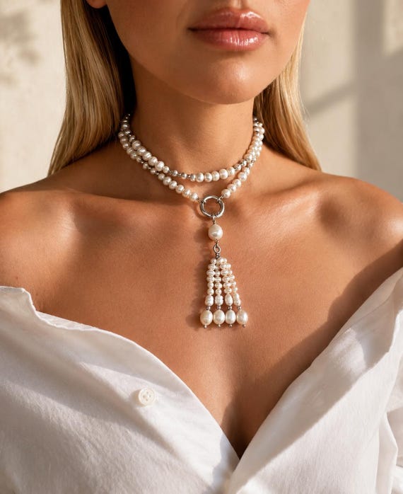 Adjustable Layered Necklace, Pearl tassel  Choker, Luxury Statement Jewelry, luxury Gift for Her, Versatile Necklace, modern pearl jewelry
