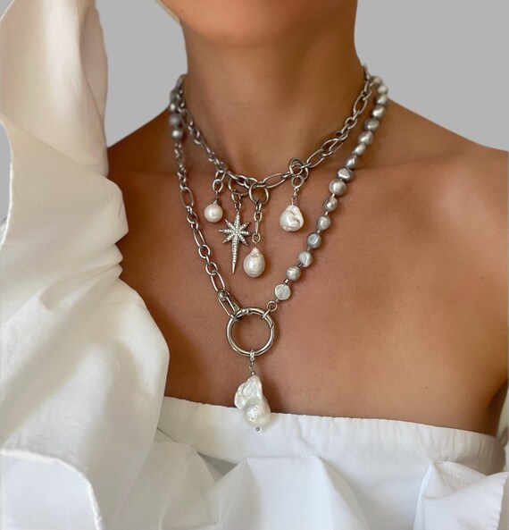 Pearl long necklace, Baroque Pearl Necklace, Beaded Necklace, alt gray Pearl Necklace, gray statement pearl necklace , Pearl baroque pendant