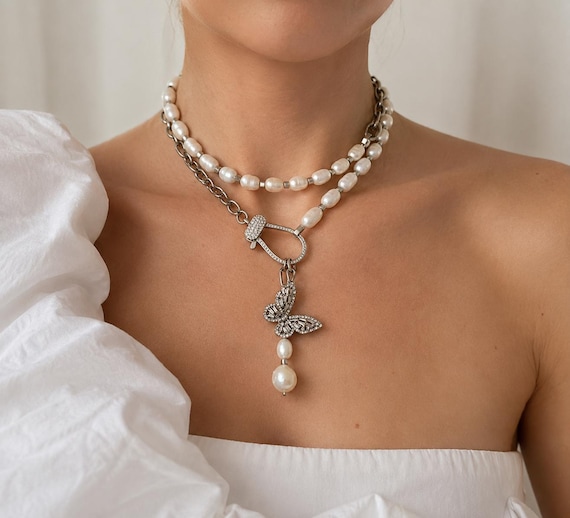 Transformer Pearl Necklace, Natural Pearls, Stainless Steel Chain, Butterfly Charm
