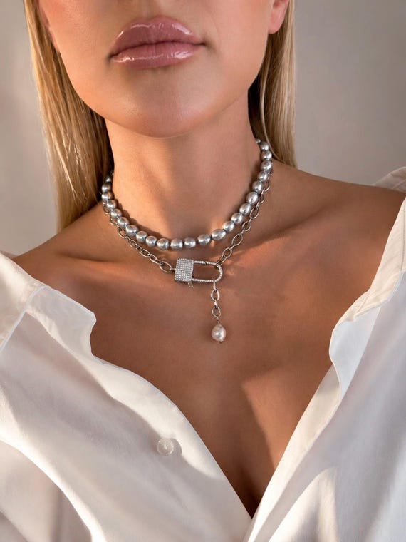 Gray Pearl Choker Necklace, Layered Pearl Necklace, Statement Pearl Jewelry, Transformable Pearl Necklace, Bridal Pearl Choker, Luxury Pearl