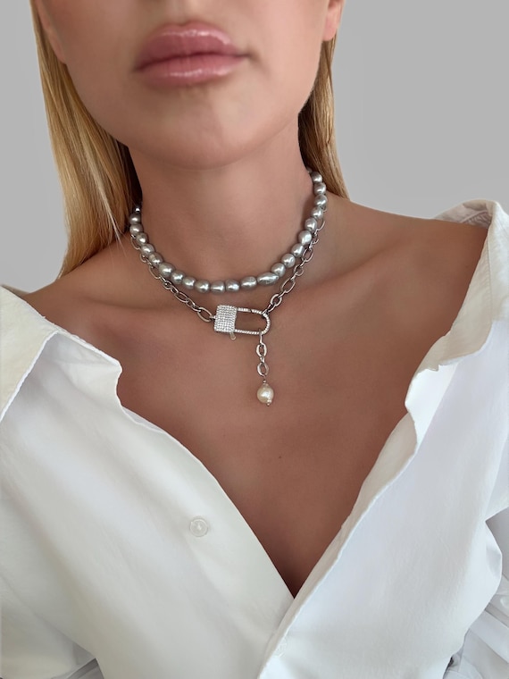 Baroque Pearl Layer Necklace, Stainless Steel Chain, Bridal Gift