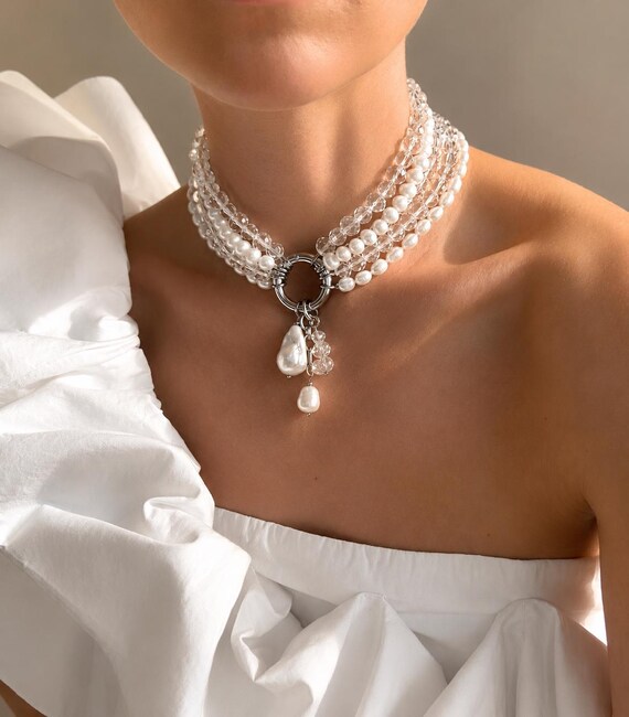 Multi-way Pearl Choker Necklace, Layered Crystal Statement Jewelry