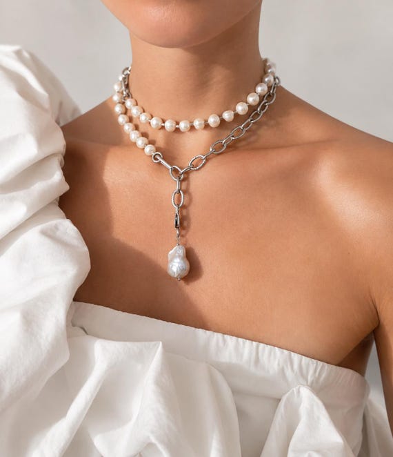 Tiffany necklace ,3 Way Pearl Necklace | Convertible Baroque Choker | Versatile Statement Jewelry