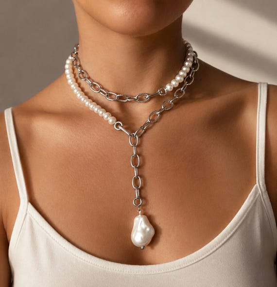 Asymmetrical Pearl Necklace, Baroque Pearl Choker, Silver Chain Pearl Necklace, Trendy Minimalist Jewelry, Gift for Women