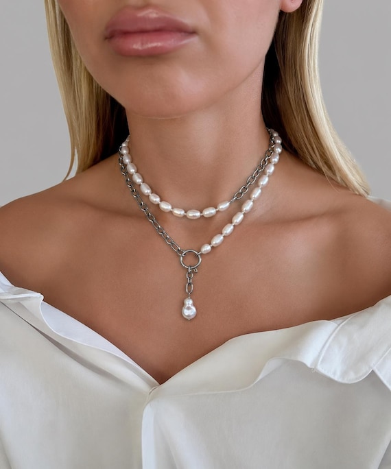 Transformer Necklace, Natural Pearls, Stainless Steel Chain, 3-in-1 Versatile Jewelry