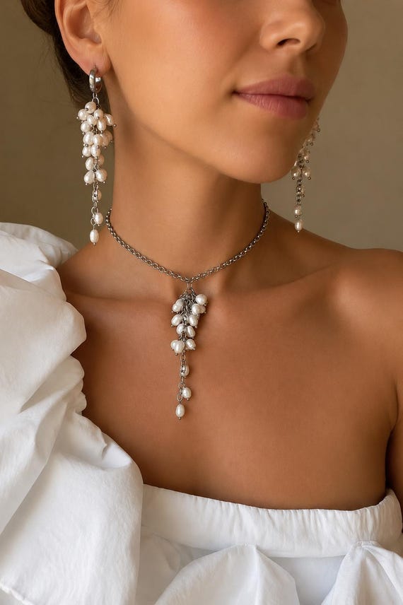 Pearl Cluster Necklace Set, Bridal Pearl Jewelry Set, Statement Drop Earrings, Bridal Pearl Choker, Wedding pearl  Jewelry