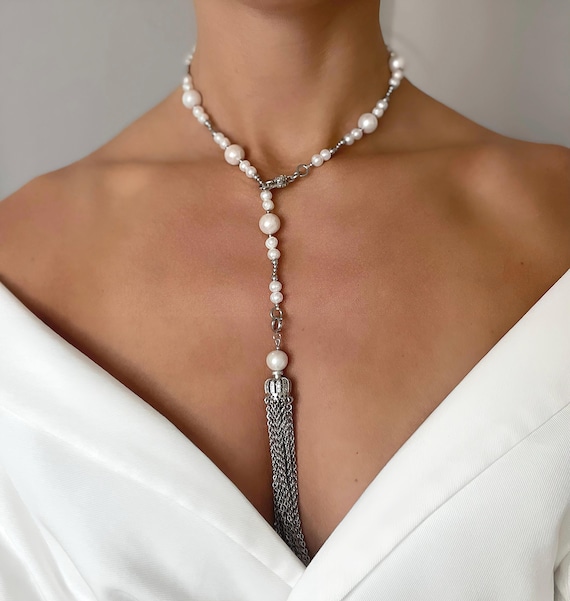 Pearl Tassel Necklace, Stainless Steel Chain, Bohemian Jewelry