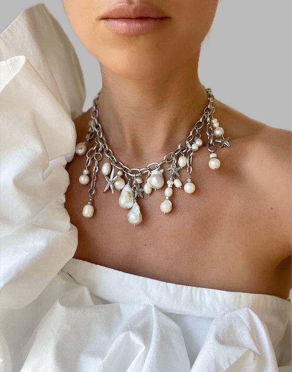 Baroque Freshwater Pearl Necklace, Chunky Starfish Pendant Choker