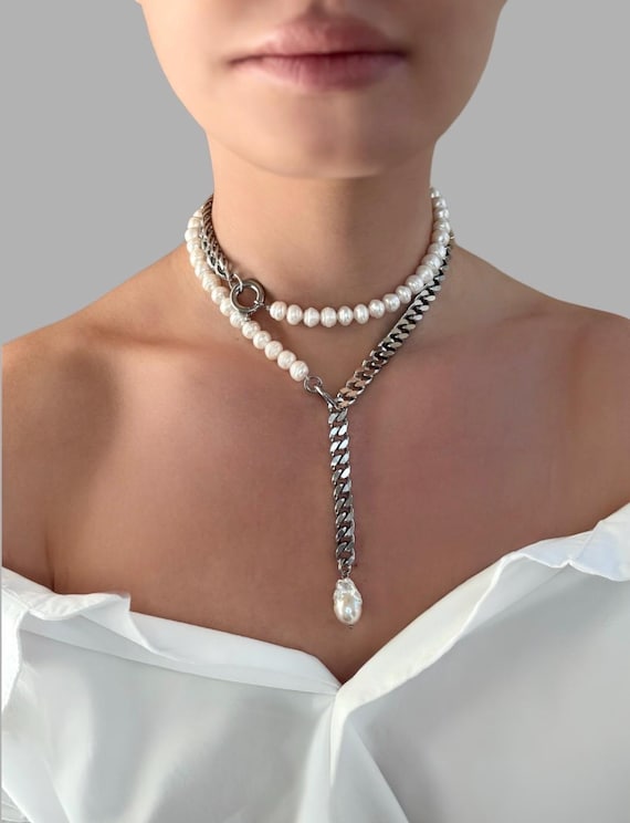 Modern pearl necklace, handmade pearl jewelry , chunky pearl choker, trendy Pearl jewelry, trendy 2025 pearl jewelry , modern pearl jewelry