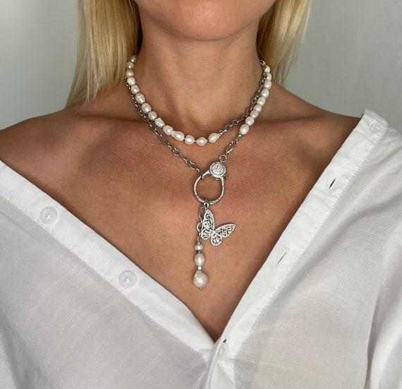 Pearl Choker Necklace, Stainless Steel Chain, Butterfly Charm