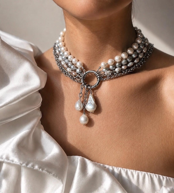 Multi Strand Pearl Choker Necklace     Luxury Pearl Collar Necklace – Layered Natural Pearls