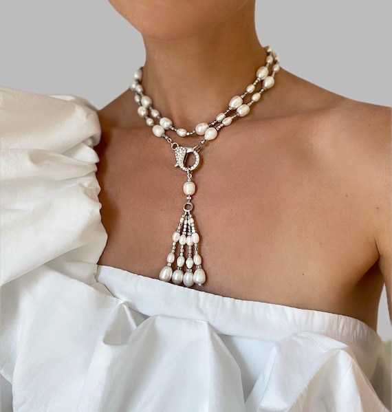 Pearl large necklace, bohemian Pearl Necklace, boho Beaded Necklace, long Pearl Necklace, statement pearl necklace , Pearl layered necklace