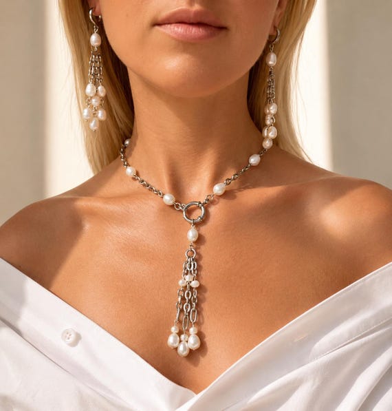 Pearl Y Necklace and Earrings Set, Stainless Steel Chain, Bohemian Choker