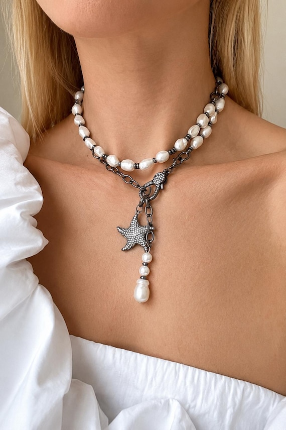 Pearl Beaded Necklace, Stainless Steel Pearl Necklace, Layered Pearl Choker, Baroque Pearl Jewelry, Bridal Necklace Gift for Her