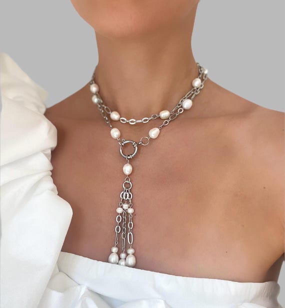 Alt Pearl y necklace, unique pearl Necklace, alt set pearl necklace and earrings, elegant y necklace, bohemian choker , medieval necklace