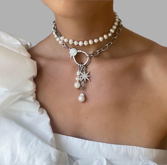 Natural Pearl Choker Necklace with Stainless Steel Star Pendant