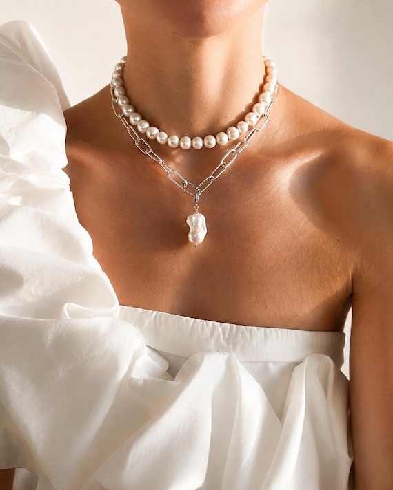 Silver pearl necklace, pearl stylish necklace, trendy silver pearl necklaces, silver layered  pearl necklace, silver chain pearl necklace