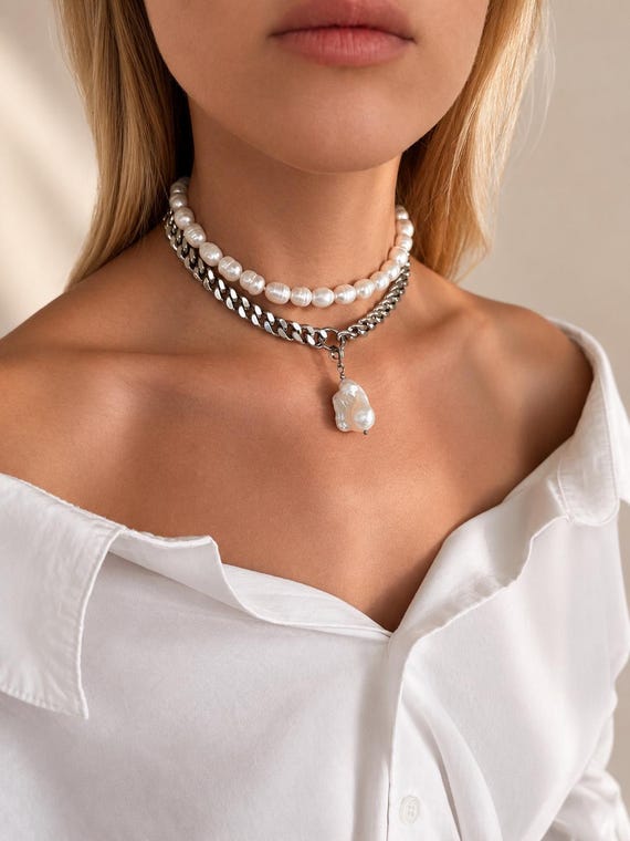 Adjustable chain Necklace, Freshwater Pearl Necklace with Chunky Silver Chain, Statement Pearl Choker, Coquette Jewelry, Luxury Bridal Neckl