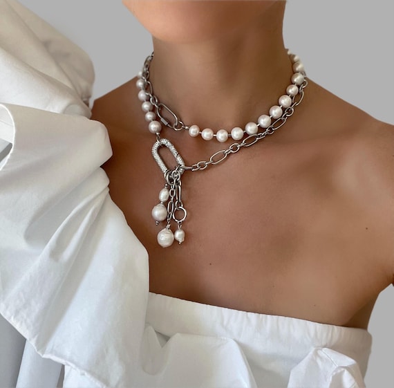 Freshwater Pearl Necklace, Baroque Pearl Necklace ,alt pearl necklace ,urban Choker, Pearl Pendant, Brides Gifts, pearl layer chain necklace