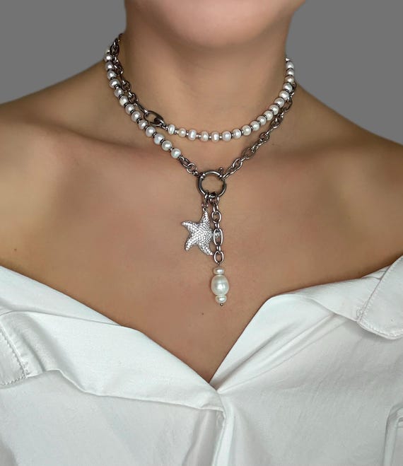 luxury pearl jewelry , starfish pendant, trendy Pearl Necklace, alt statement pearl necklace, stylish pearl jewellery, modern pearl jewelry