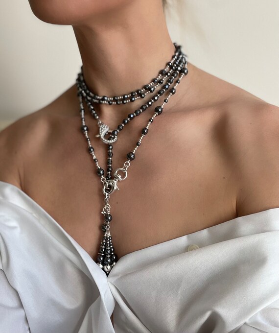 Black necklace, black Y lariat necklace, hematite necklace,black bohemian necklace, layered necklace,gothic necklace,tassel pendant necklace
