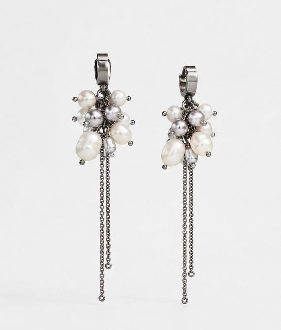 Pearl Cluster Chain Earrings, Freshwater Pearl Drop Earrings, Silver Statement Earrings, Long Tassel Earrings, Bridal Pearl Jewelry