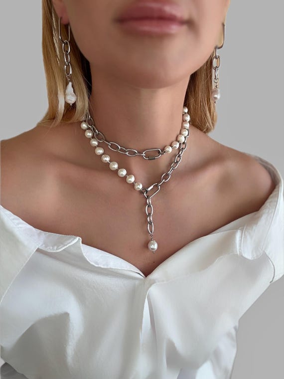 Handmade Baroque Pearl Necklace, Adjustable Stainless Steel Chain