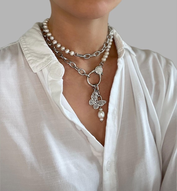 Freshwater Pearl Choker Necklace, Butterfly Lariat, Chain Layered Jewelry