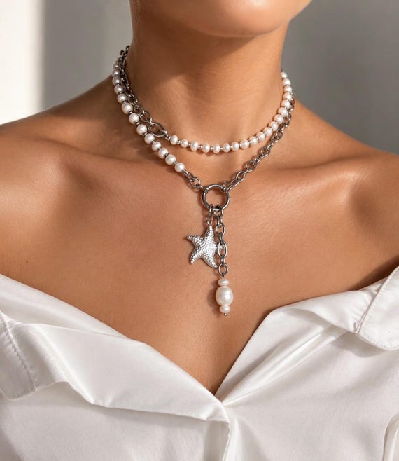 Starfish Pearl Necklace, Coastal Pearl Choker, Transformable Pearl Necklace, Beach Pearl Jewelry, Layered Pearl Necklace, Mermaid Jewelry