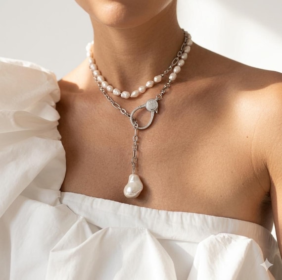 Natural Pearl Stainless Steel Chain Necklace, Transformer 4-in-1