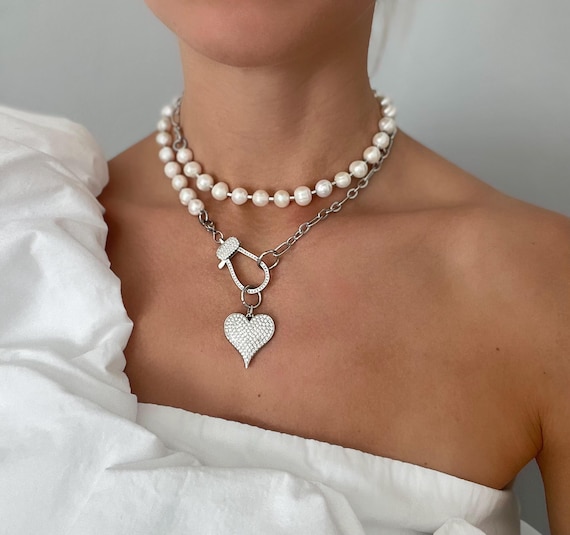 Transformer Pearl Necklace, Stainless Steel Chain, Heart Charm