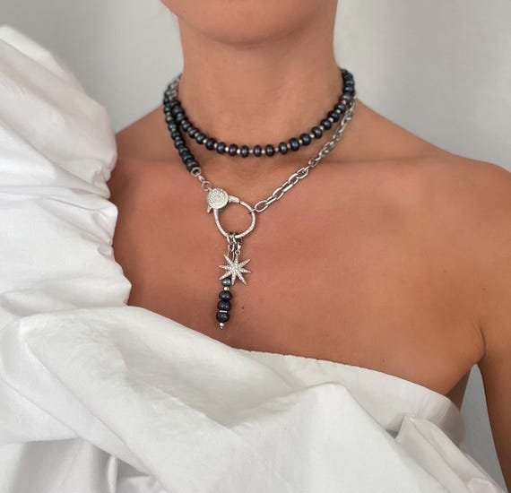 Transformer Black Pearl Necklace, Stainless Steel Chain, 3-in-1