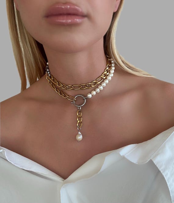 3-in-1 Gold Stainless Steel Pearl Necklace, Removable Charm