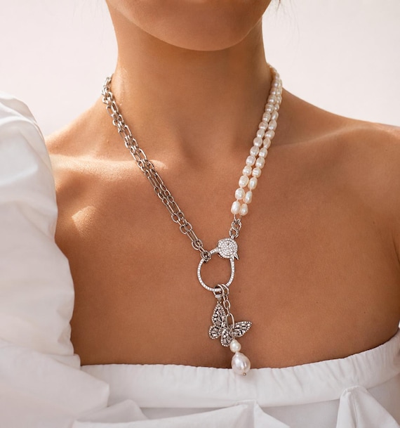 Transformer Pearl Necklace, Butterfly Pendant, Stainless Steel Chain