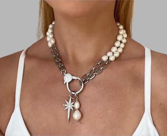 Pearl Necklace, Silver Chain, Star Pendant, Transformer Jewelry