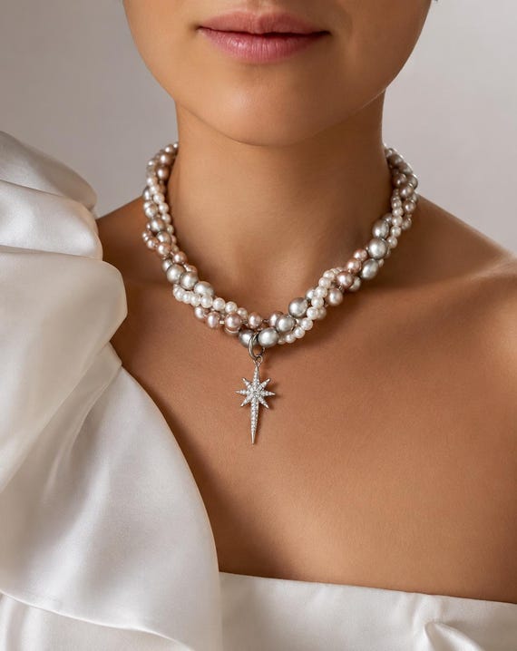 3-Strand Natural Pearl Necklace, Convertible Choker, Detachable Starburst Pendant, Bridal Pearl Jewelry, Luxury Pearl Necklace