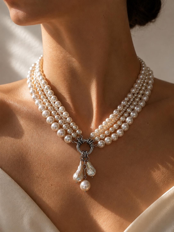Adjustable Layered Necklace, unique Pearl Choker, Luxury Statement Jewelry,Gift for Her, Versatile Necklace, Transformable Layered necklace