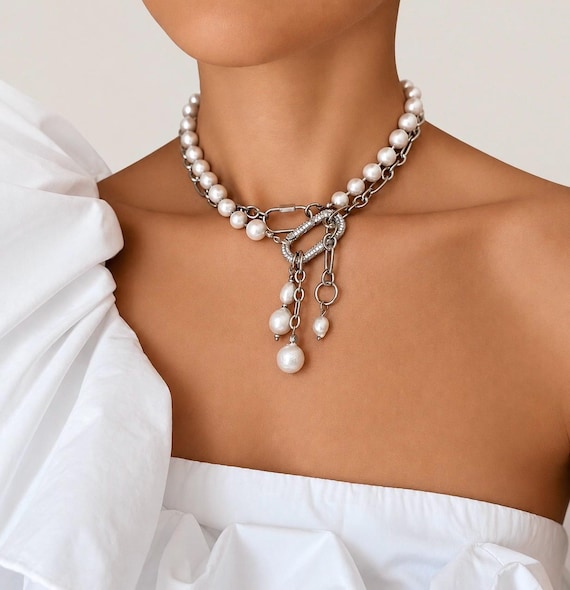 Freshwater Pearl Necklace, Baroque Pearl Necklace ,alt pearl necklace ,urban Choker, Pearl Pendant, Brides Gifts, pearl layer chain necklace