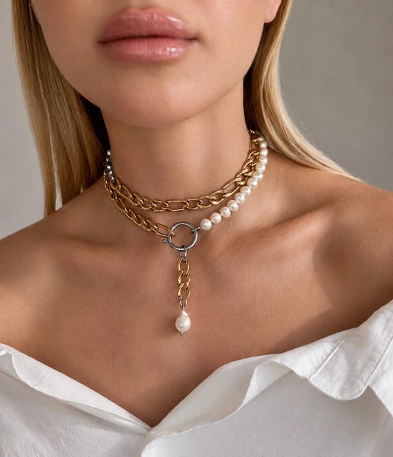 3-in-1 Gold Stainless Steel Pearl Necklace, Removable Charm