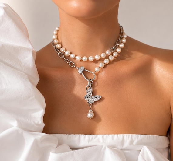 Butterfly Pearl Necklace, Transformable Pearl Choker, Layered Pearl Necklace, Bridal Pearl Jewelry, Baroque Pearl Necklace, Coquette Jewelry