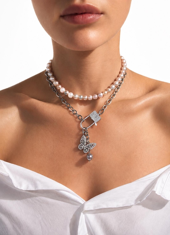 Handmade Natural Pearl Transformer Necklace, Butterfly Charm, Silver Chain