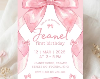 Convite de aniversário de um ano com laço rosa editável no Canva, convite de aniversário de menina com laço rosa, artigos de papelaria para festa de aniversário feminina.